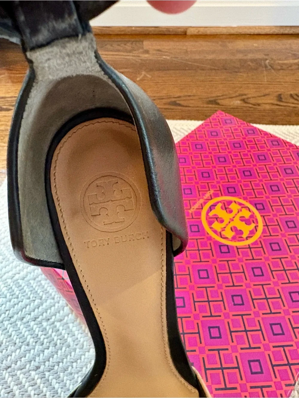Tory Burch Nude and Black Pointed Leather Wedge Heels